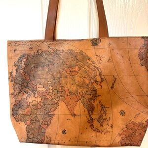 Alviero Martini Tan Brown Map-Print Leather Tote